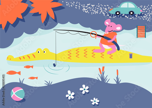 Cartoon fishing child book illustration. Mouse and alligator on a river.