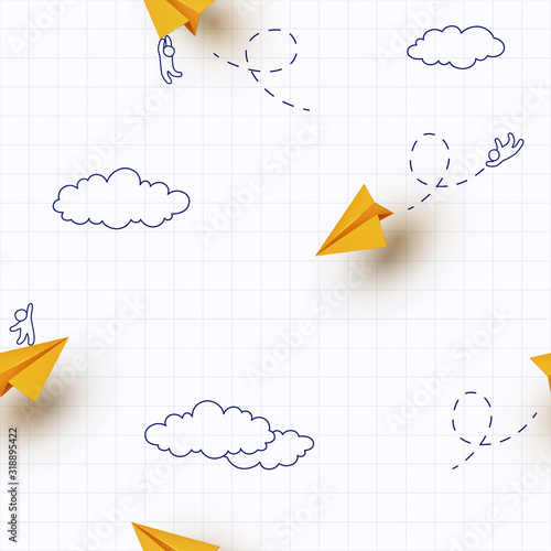 School notebook background. Drawing little men flying on yellow paper airplanes. Vector cartoon children and planes seamless pattern..