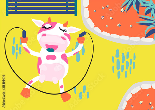 Cute cow rope jumping in an amusement park. Kids book illustration vector.