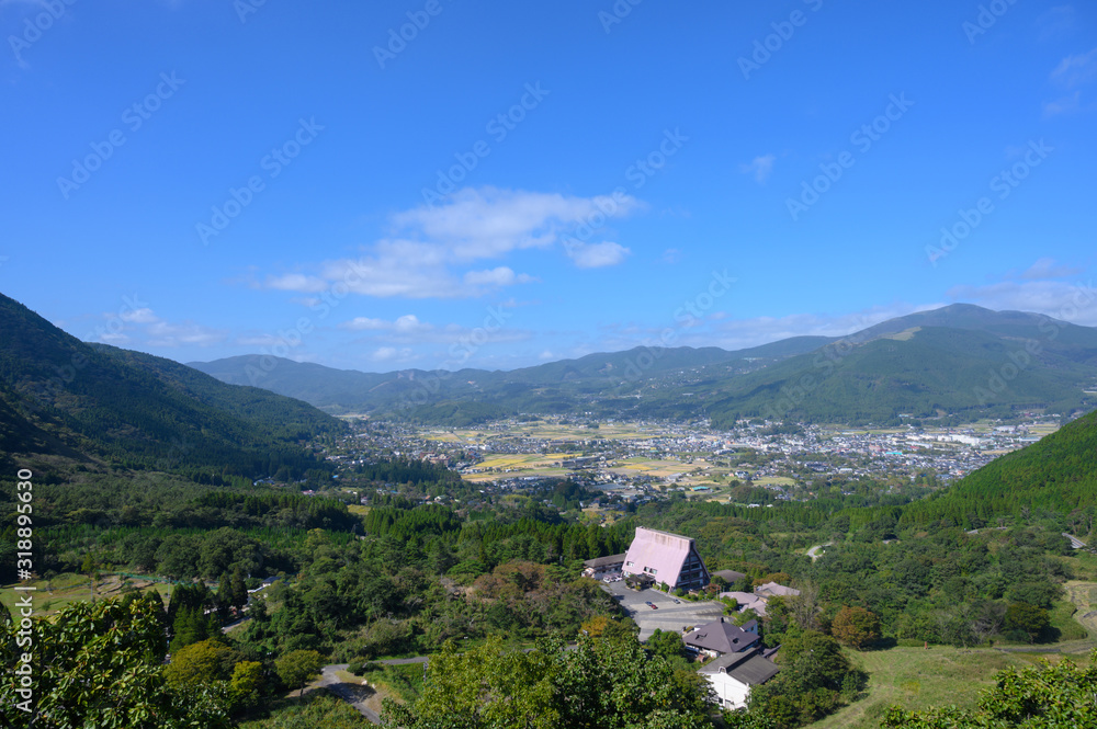 Spacious rural scenery on top of the mountain in Yufuin city.Viewpoint of Yufuin in japan.