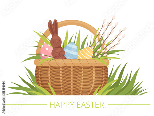 Easter basket with painted eggs, willow and chocolate rabbit. Cartoon flat vector illustration.