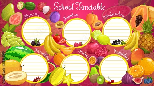 School timetable and lessons weekly planner, vector template with tropical fruits and berries. School schedule timetable with papaya, pineapple and kiwi, blackcurrant and blueberry, figs and grape