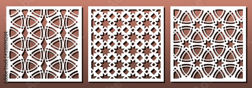 Laser cut pamels template, vector set. Abstract geometric pattern. Stencils, die for metal cutting, paper art, fretwork, wood carving, card background, wall panel design.