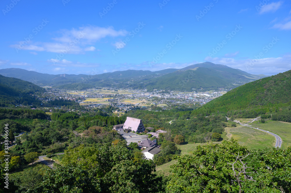 Spacious rural scenery on top of the mountain in Yufuin city.Viewpoint of Yufuin in japan.