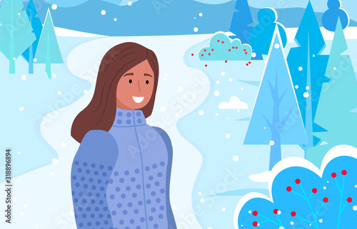 Pretty lady stand on pathway alone. Person smiling and posing in winter forest. Woman dressed in warm clothes. Beautiful landscape with snowy trees. Vector illustration of wintertime in flat style
