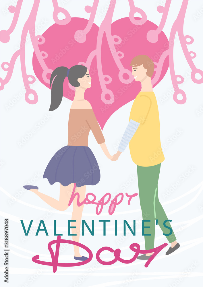Happy Valentines day celebration card vector, man and woman in love holding hands. Heart shape and ornaments, inscription greeting with special event Happy Valentines day celebration card vector, man and woman in love holding hands. Heart shape and ornaments, inscription greeting with special event