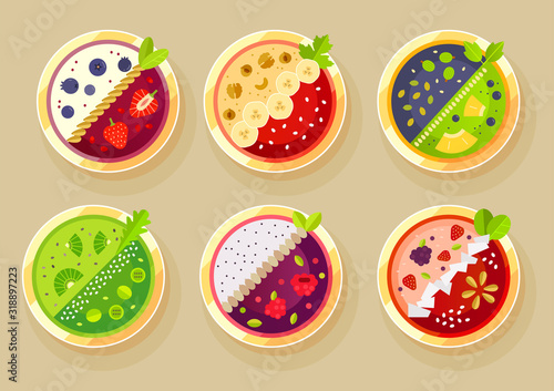Set of vector illustrations of smoothies bowls. Tasty and healthy breakfast. Fruits, berries, seeds and nuts. Useful organic food for vegan and vegetarian. Isolated, flat design, minimal trendy style.