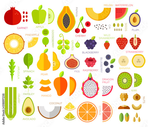 Collection vector illustrations of fruits and berries. Useful food for health lifestyle. Vegan and vegetarian. Ingredients for smoothie . White isolated, flat design, minimal trendy style.