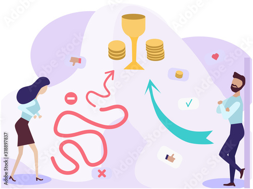 Glass ceiling and gender discrimination issues concept with business man and woman has different ways to promotion or career.