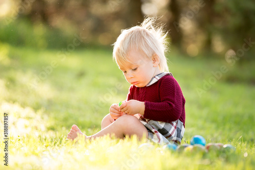 Sweet toddler boy with bunny ears  egg hunting for Easter  child and Easter day traditions