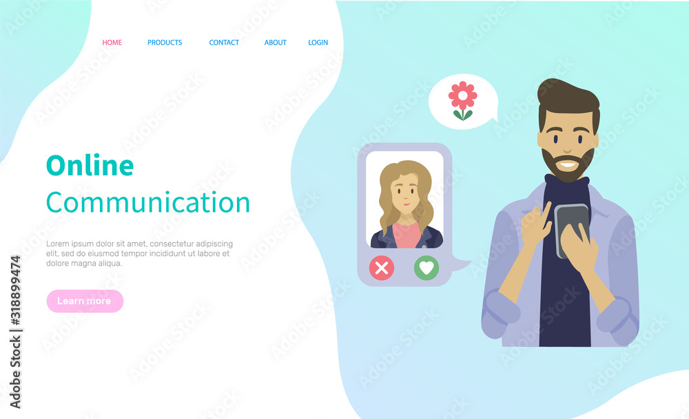 Smiling man holding touchscreen phone, dating app in smartphone, modern online communication with wireless device, male and female choosing vector. Website or webpage template, landing page flat style Smiling man holding touchscreen phone, dating app in smartphone, modern online communication with wireless device, male and female choosing vector. Website or webpage template, landing page flat style