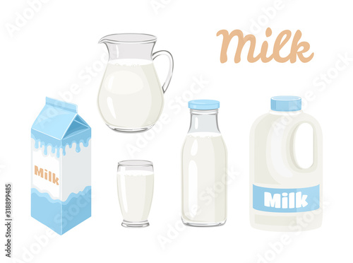 Milk in bottle, jug, glass, carton box and gallon of milk Isolated on white background. Vector illustration of dairy product in different packages in cartoon flat style.