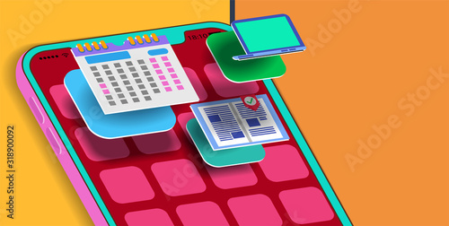 Mobile phone volume and calendar icons as a laptop and a certificate