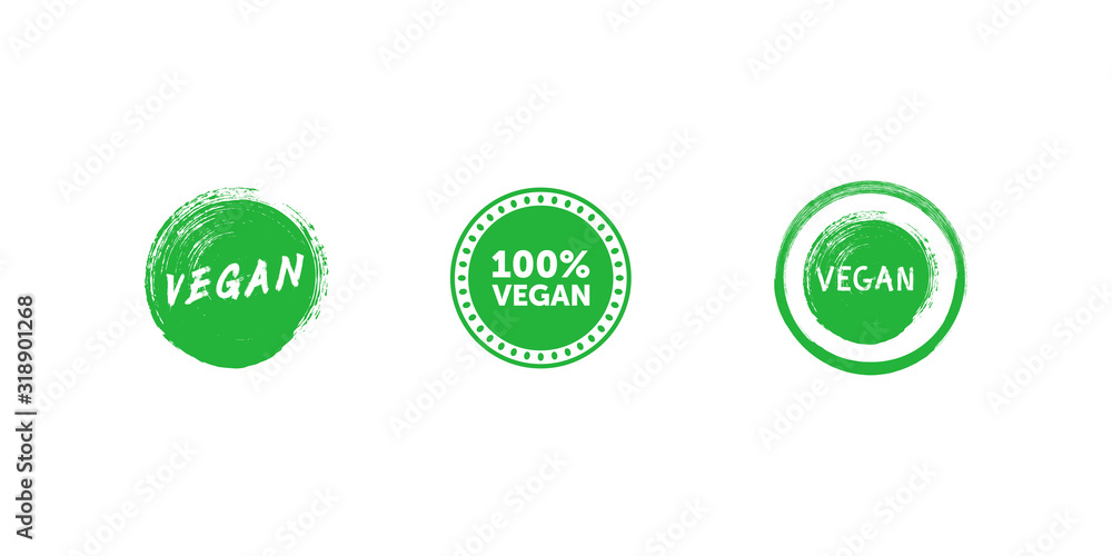 Set of various signs on vegan theme. Vegan brush stroke green emblem. 100 percent Vegan green circle badge. Vector illustration. Set of various signs on vegan theme. Vegan brush stroke green emblem. 100 percent Vegan green circle badge. Vector illustration.