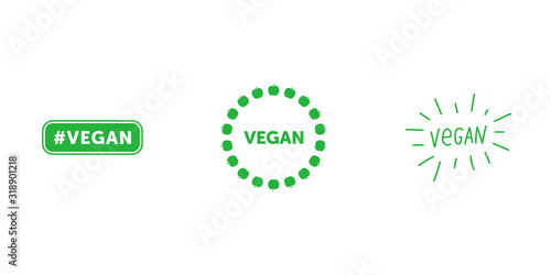 Set of various signs on vegan theme. Tag vegan green flat emblem. Vegan title about green apples circle around - badge. Vegan handwritten green title. Vector illustration.