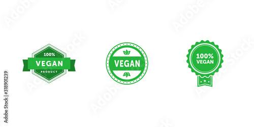 Set of various signs on vegan theme. 100 percent Vegan product haxagonal badge with ribbon. Vegan circle green flat emblem with tree leaves. 100 percent Vegan green label. Vector illustration.