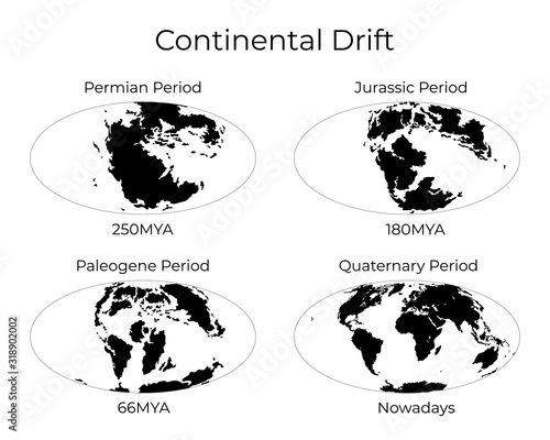 Monochrome vector illustration silhouettes of Worldmap at Permian, Jurassic, Paleogen and Quartenary periods isolated on background. Continental drift and changes of Earth map. photo
