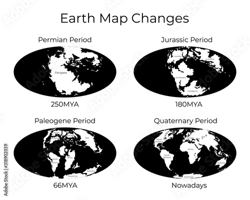 Monochrome vector illustration of Worldmap with names of continents isolated on background. Map of the World and changes in different geological periods. 250mya, 180mya, 66mya and nowadays projections