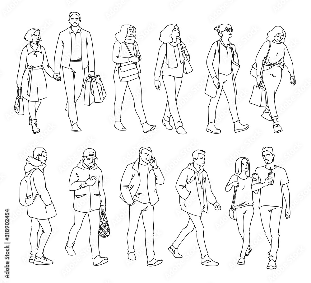 Set of men and women standing and walking. Monochrome vector illustration  of people in different poses in simple line art style. Hand drawn sketch.  Black lines isolated on white background. Stock Vector
