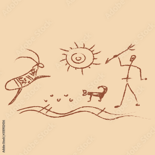 Rock painting of man and animals. Vector graphics. Cave people