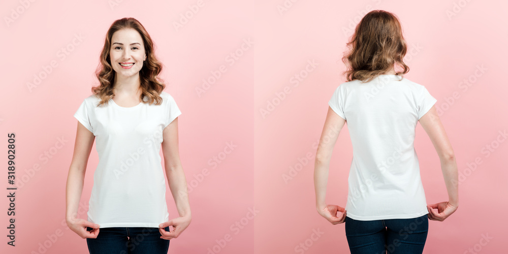 Front and back photo of young curly woman touches t-shirt standing over pink background Front and back photo of young curly woman touches t-shirt standing over pink background