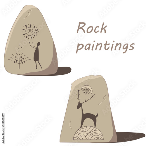 Set of rock painting isolated on white background. Cave drawings with ethnic people, animals,mystical symbols.