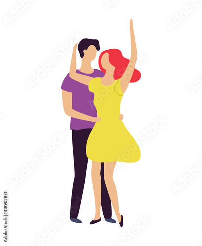 Couple of man and woman dancing together, people moving in pair, boy holding girl by waist, female with rising hands, characters on dance floor vector