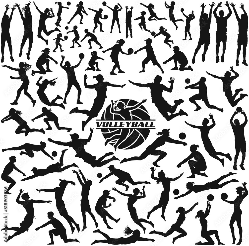 Collection of vector silhouettes of people, men, women and children playing indoor or beach volleyball Collection of vector silhouettes of people, men, women and children playing indoor or beach volleyball