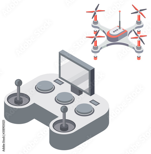Drone with remote controller, wireless device with propellers, quadcopter symbol, aircraft with remotely radio controlled flying robots, discovery air robot for video and photo, multicopter vector
