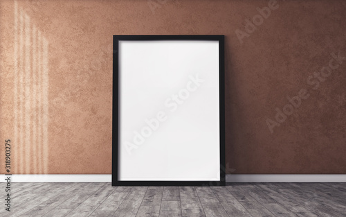 White poster on floor with blank frame mockup for you design. Layout mockup.