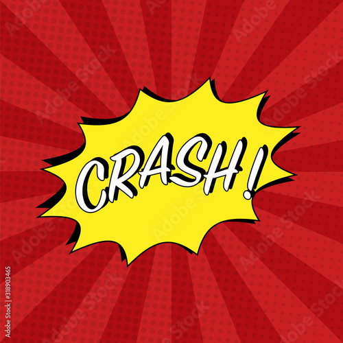 Crash comic cartoon in yellow colors with white cloud, halftone effects and rays. Explosion template. Pop-art style. illustration