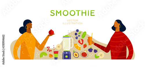 Two girls cooking smoothies of berries, fruits and greens. Ingredients for vegan food. Flying fruits. Flat design, white isolated. Place for your text. Vector illustration for web