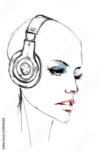 Beautiful young woman. Fashion sketch. Bald girl face in headphones. Hand-drawn fashion model. Woman face on a white background.