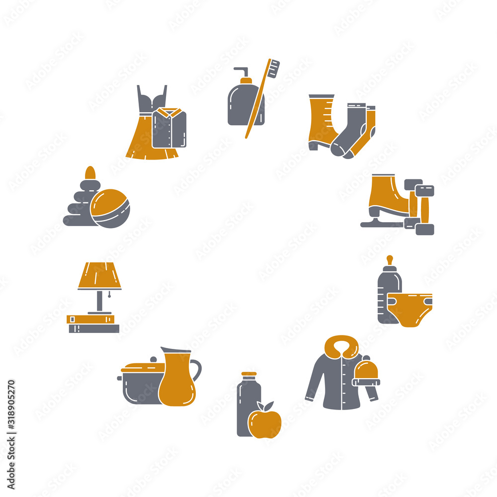Home Stuffs Food Clothes Shoes Toys Color Frame With Place For Text Round Cutout Poster Product Categories For Personal Consumption Or Shopping Outline Illustration Flat Isolated Vector Icons Stock Vector Adobe