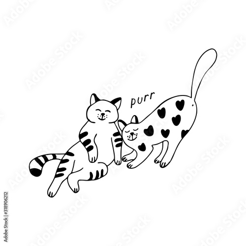 Two adorable cats in doodle style. They are affectionate and satisfied, striped and decorated with hearts.  Hand drawn vector illustration in black ink on white background. Doodle style.
