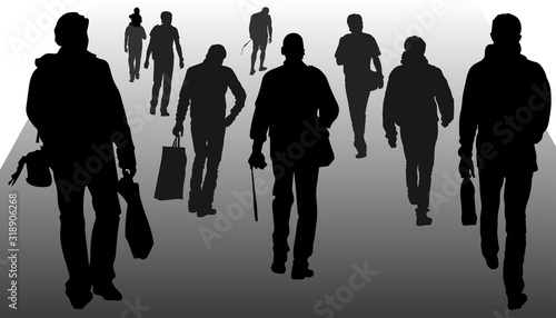 Vector silhouettes of people walking forward, men, back view, crowd of pedestrians, in warm clothes, summer, different time of the year. Sumy buyers, tourists with cameras, businessmen with briefcase.
