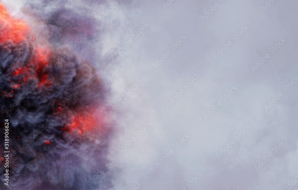 Abstract clouds of fireballs, misty smoke texture 3D background. Grey  colored fluid steam, explosion, dust, vape smoke liquid abstract clouds  design for flyer, cover, poster, banner, web, landing page Stock  Illustration
