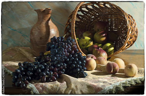 Blue grapes, peaches, pears, a wicker basket, an old clay jug.