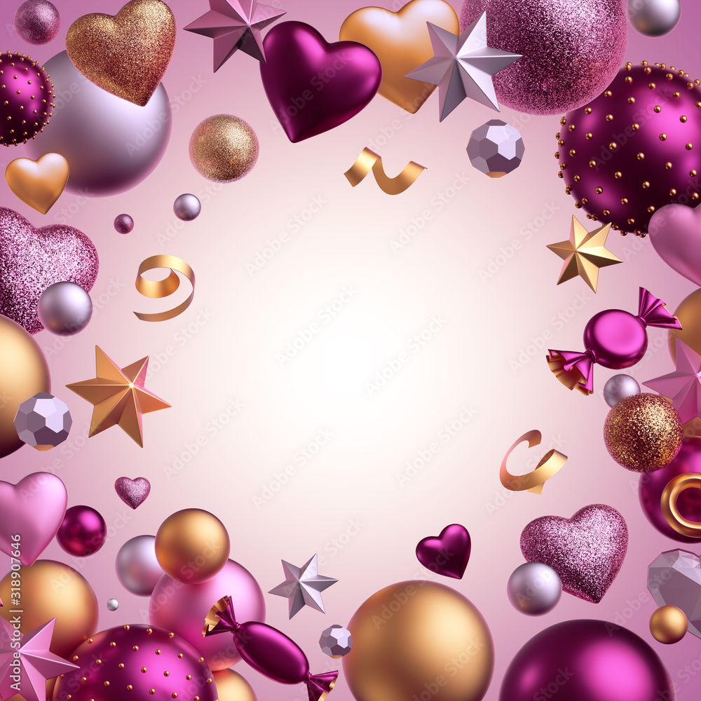 3d render. Valentine's day mockup, festive decor isolated on pink background. Copy space. Assorted balls, candy, bonbon, wrapped chocolate sweets, heart balloons, serpentine. Party objects levitating 3d render. Valentine's day mockup, festive decor isolated on pink background. Copy space. Assorted balls, candy, bonbon, wrapped chocolate sweets, heart balloons, serpentine. Party objects levitating