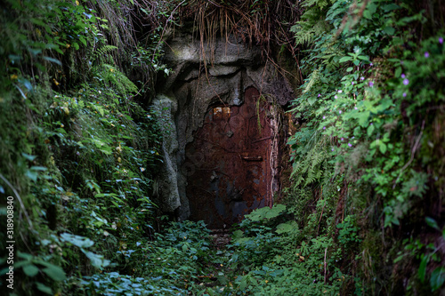 Geheimnisvolle Bunker Tür versteckt im Wald