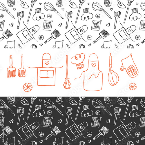 Gastronomy background with hand-drawn ink illustrations for restaurant logo design, food label design, cafeteria banner. Cooking classes banner and courses. Kitchen utensils pattern. Bakery background