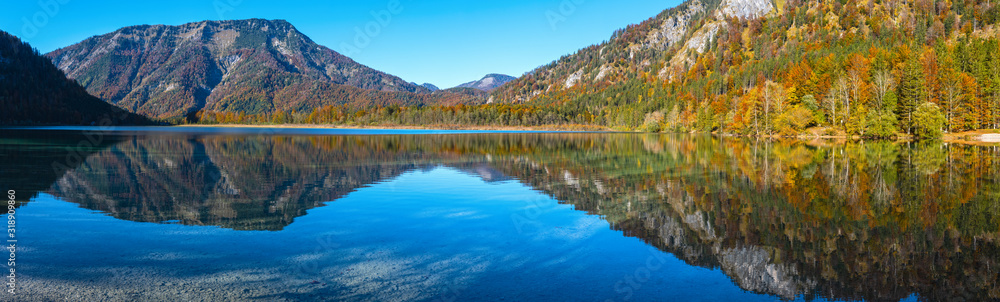 Peaceful Autumn Alps mountain lake Offensee lake, Salzkammergut, Upper Austria.