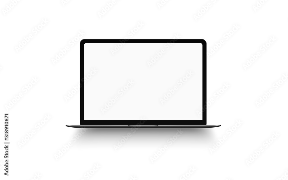 Space gray laptop with blank computer screen on white background. Front view notebook mock up. The display is opened 90 degrees. Modern mobile device. Space gray laptop with blank computer screen on white background. Front view notebook mock up. The display is opened 90 degrees. Modern mobile device.