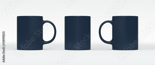 Dark blue coffee or tea cup on white background. Blank mug mock up with different sides. Empty gift pint set branding template. Glassy restaurant clean tankard for your design.