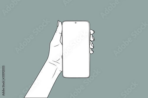 female hand holds a smartphone. eps10 vector stock illustration. line aut