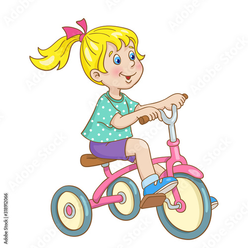 Little cute girl riding a tricycle. In cartoon style. Isolated on white background. Vector illustration.