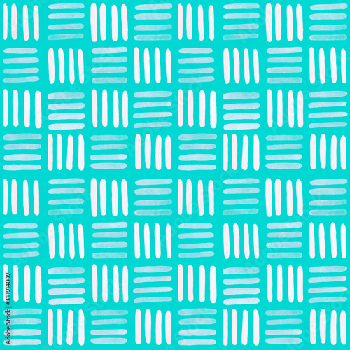Watercolor turquoise strip ornament. Seamless pattern. Patchwork style. Watercolor stock illustration. Design for backgrounds, wallpapers, covers, textile, packaging.