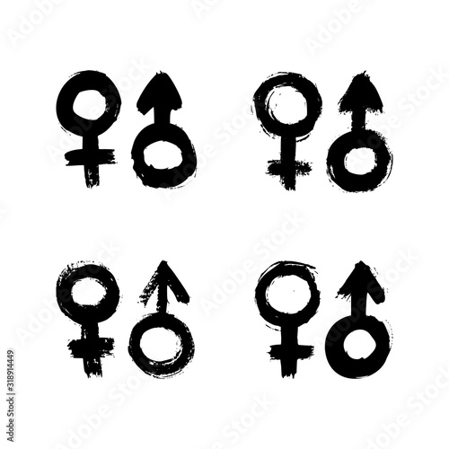 Gender signs of ink brushstrokes. Vector grunge symbol of Venus and Mars. Dirty textures of male and female icons.