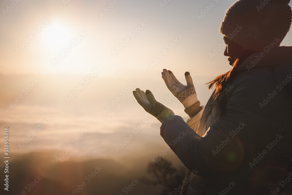 Christian Religion concept background, Human hands open palm up worship. Remembering God and gratitude, Prayer to Go. Christian Religion concept background.