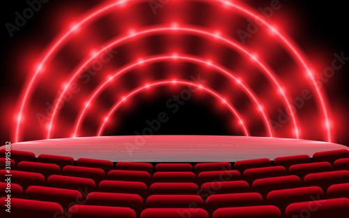 red neon light on the stage with chair in the hall